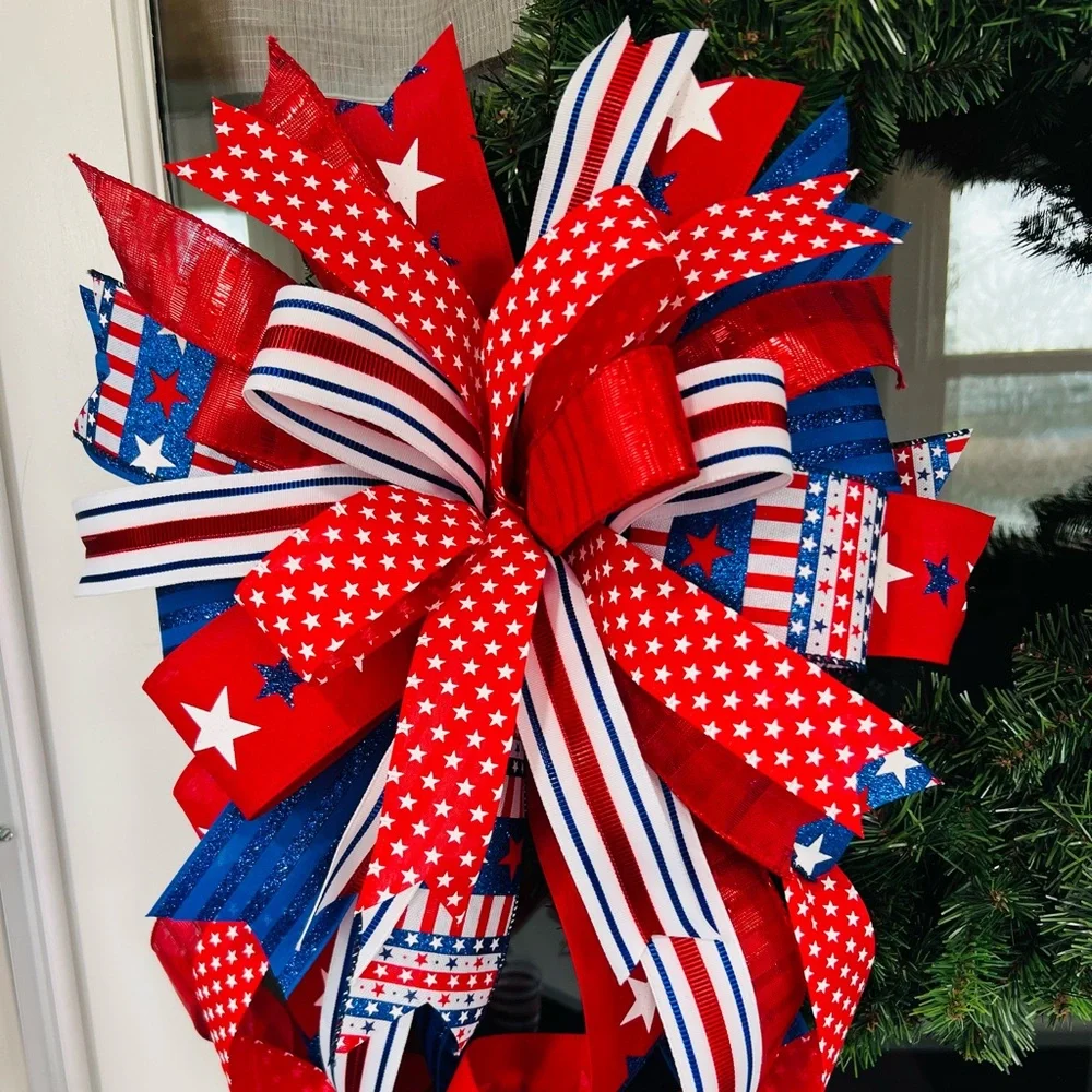 XL Patriotic Red, Navy & White Ribbon Bow Wreath Accent Handmade